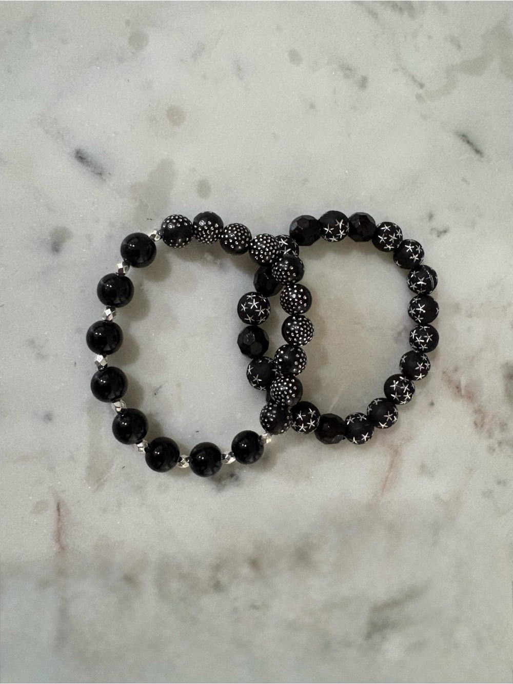 Black Beaded Stretch Bracelet Set with Star Accent - Women’s Jewelry